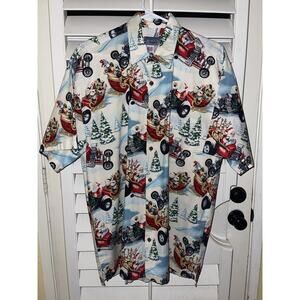 HIGH SEAS CHRISTMAS HAWAIIAN SHIRT Sz XL SANTA CLAUSE ELVES SLEIGH CLASSIC CAR
